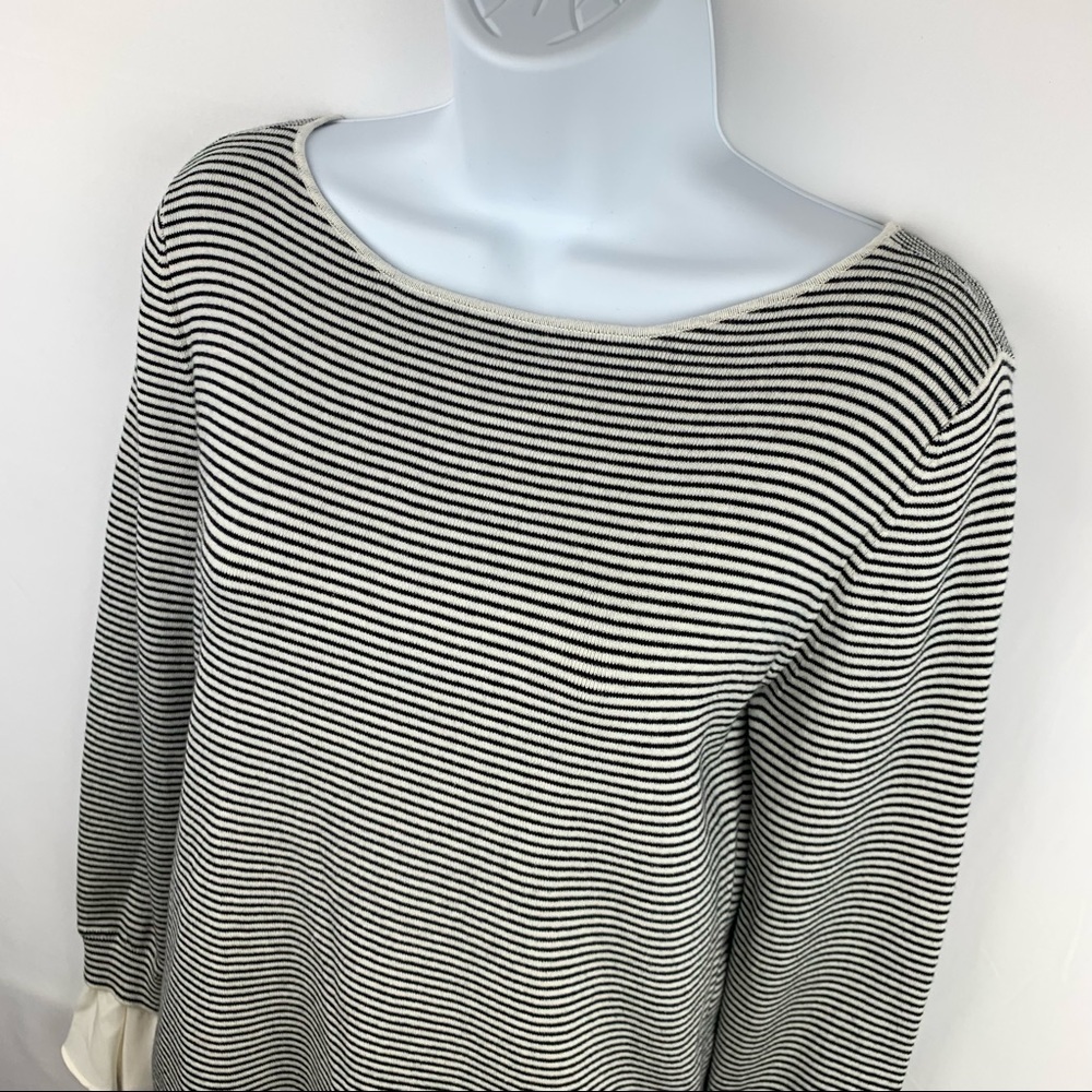 Loft Sweater Top Black Ivory Stripes Ruffle Sleeves - Picture 3 of 10